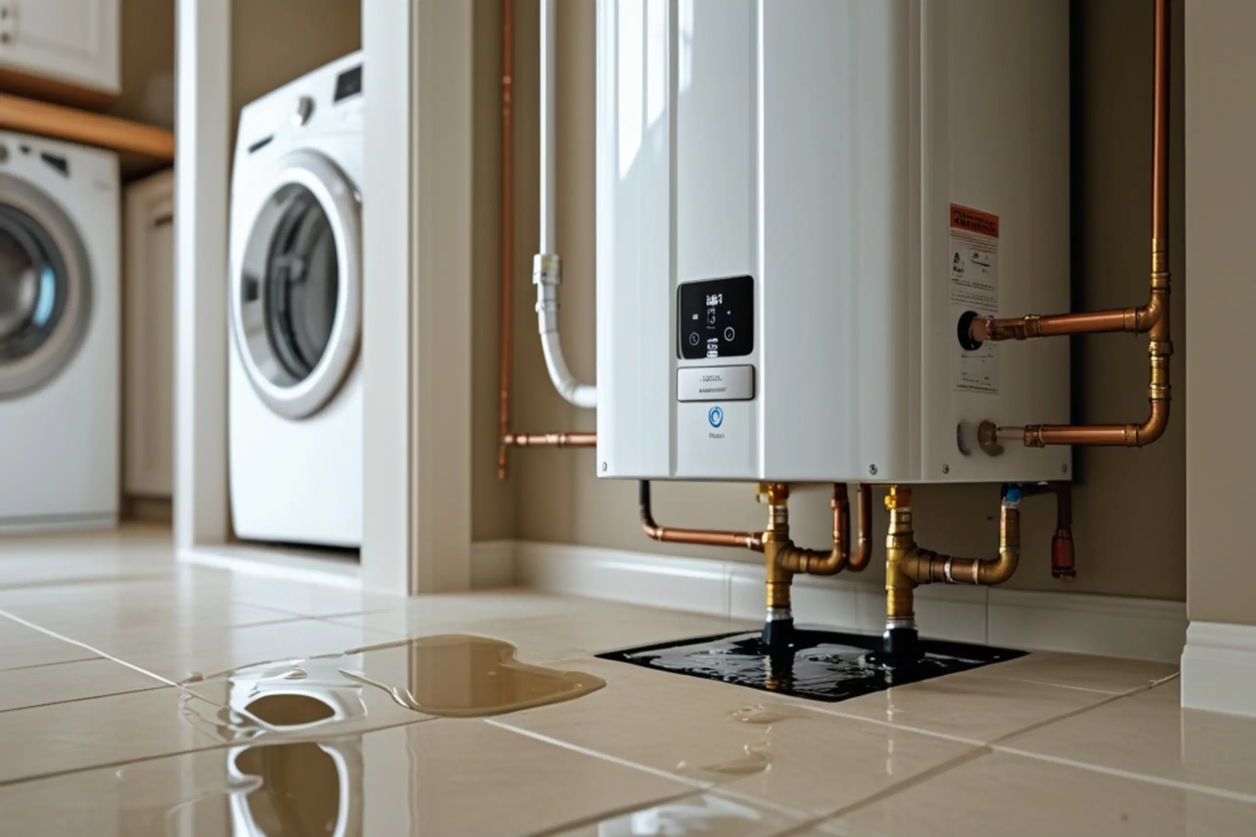 Licensed-plumber-inspecting-a-tankless-water-heater-in-a-Fayetteville_-NC-home.